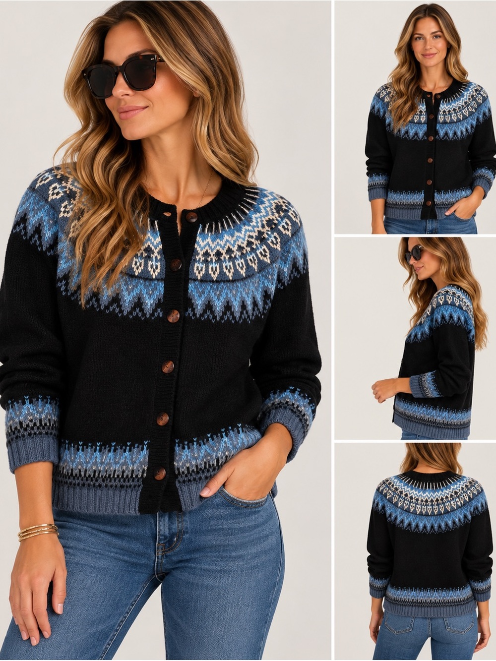 Blue Fair Isle Nordic Button Front Cardigan Sweater